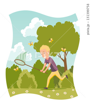 A Young Boy Joyfully Catching Colorful Butterflies with a Net in a Fun and Vibrant Scene A Young Boy Joyfully Catching Colorful Butterflies with a Net in a Fun and Vibrant Scene 131399758