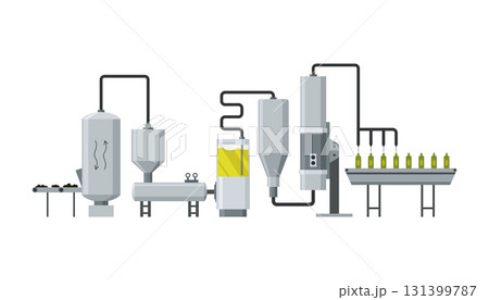 Olive oil production in factory line, manufacture process. Washing and pressing of olive harvest, filtration and refining with machinery, bottling for delivery cartoon vector illustration 131399787