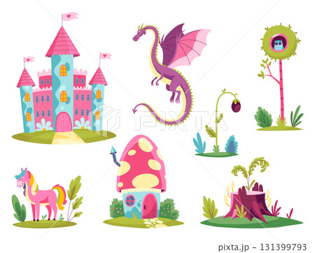 A castle, fierce dragon, horse, and magical plants create a mesmerizing fantasy world. Childish fairytale kingdom 131399793