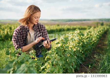 Quality control, with digital tablet. Young woman is on the beautiful agricultural field at daytime Quality control, with digital tablet. Young woman is on the beautiful agricultural field at daytime 131399963