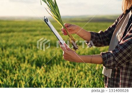 Side view. With notepad and plant. Young woman is on the beautiful agricultural field at daytime 131400026