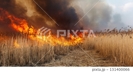 Wildfire burning dry reeds in natural habitat Wildfire burning dry reeds in natural habitat 131400066
