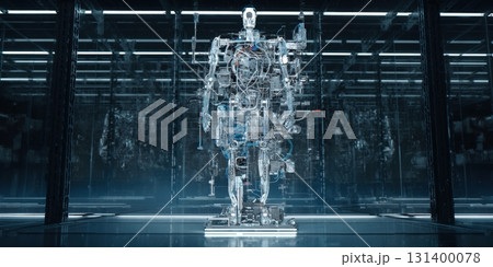 Humanoid robot internal structure standing in server room 131400078