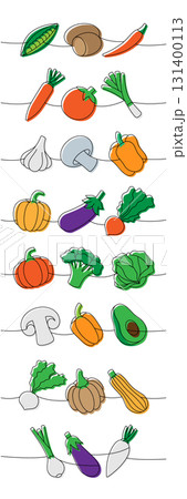 Fresh vegetables one line colored continuous drawing. Potato, chili pepper, carrot, tomato, garlic bulb, mushroom, bell pepper, avocado, pumpkin 131400113