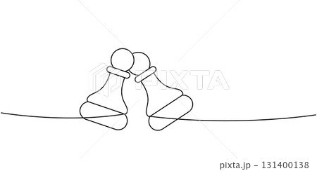 Two pawns facing each other in minimalist black and white linear chess illustration 131400138