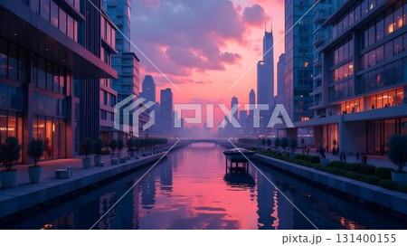 Vibrant sunset over a city canal showcasing modern architecture and reflections in the water 131400155