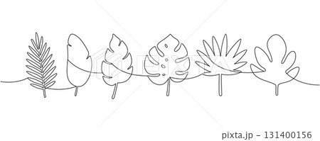 One-line drawing of tropical leaves. Minimalist continuous line art foliage for botanical and summer-themed designs One-line drawing of tropical leaves. Minimalist continuous line art foliage for botanical and summer-themed designs 131400156