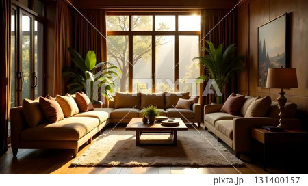 Cozy living room with large windows, natural light, and modern decor in a tranquil setting Cozy living room with large windows, natural light, and modern decor in a tranquil setting 131400157