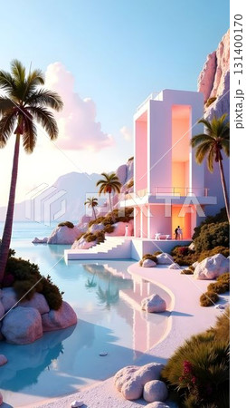 Modern coastal villa nestled among palm trees on a serene beach at sunset with a couple enjoying the view 131400170