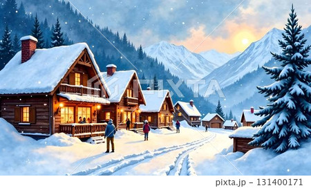 Snow-covered village nestled in mountains during a winter evening with warm lights glowing from cozy cabins 131400171