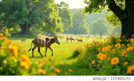 Antelope grazing in a lush green meadow surrounded by blooming flowers and trees near a peaceful landscape 131400172