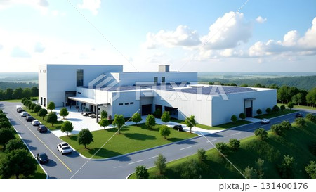 Modern manufacturing facility with solar panels surrounded by greenery on a clear day Modern manufacturing facility with solar panels surrounded by greenery on a clear day 131400176
