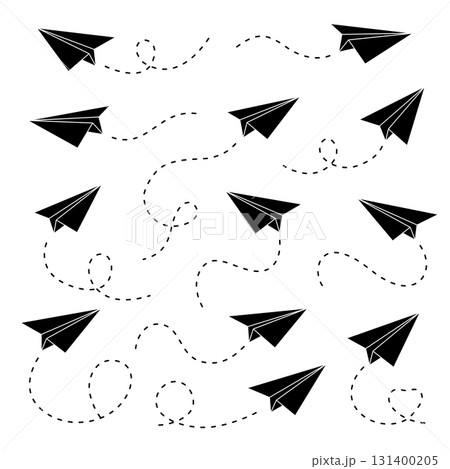 Black silhouette paper airplanes with dashed flight paths. Minimal vector pattern of motion and direction Black silhouette paper airplanes with dashed flight paths. Minimal vector pattern of motion and direction 131400205