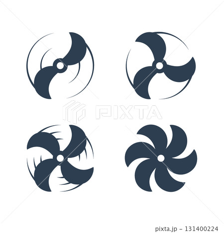 Airplane propeller icons with dynamic curved motion lines. Minimalist vector aviation rotor design for transport and drone engineering 131400224