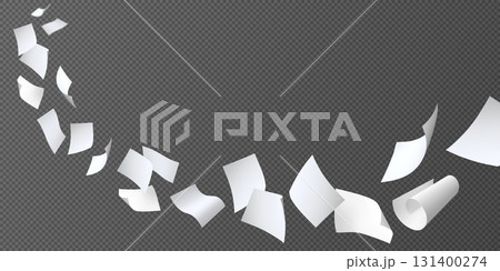 Flying white paper sheets, vector realistic throw paper pile floating in air, curled page blanks flight on wind blow Flying white paper sheets, vector realistic throw paper pile floating in air, curled page blanks flight on wind blow 131400274