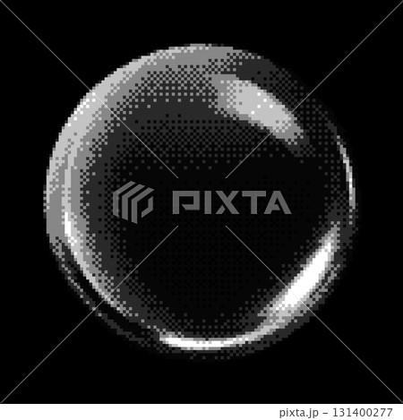 Transparent glossy crystal sphere pixel art vector icon, retro 8 bit glass glob on dark, glass ball with light glare 131400277