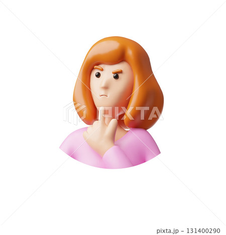 3D round avatar of a woman in pink clothes with a pensive expression. 131400290