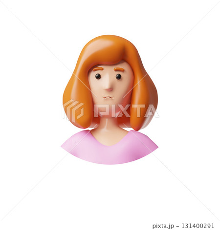 A 3D female avatar, close-up, round shape, pink clothing, short brown hair, sad expression. 131400291