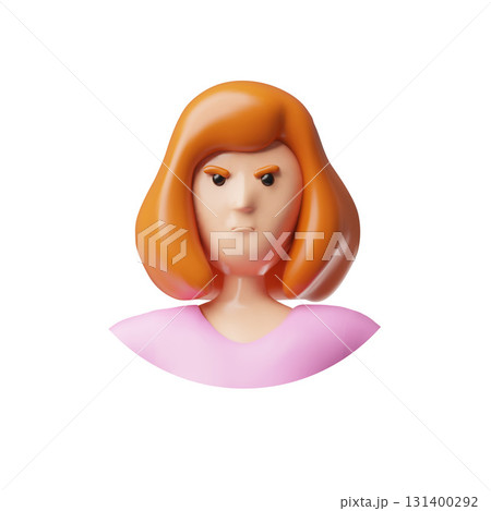 A 3D female avatar icon, round, wearing pink clothes, with brown hair and a frowning face. 131400292