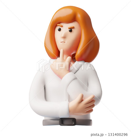 A 3D female character in an office blouse with brown hair and a thoughtful expression. 131400296