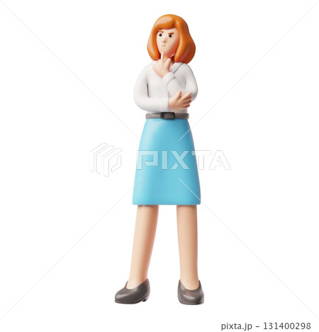 A 3D woman in office attire, a blouse and skirt, with a thoughtful, frowning expression. 131400298