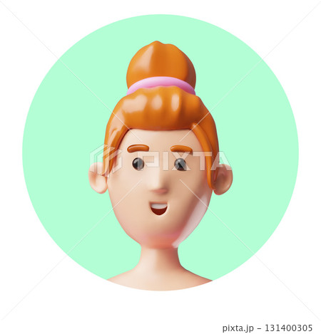Beautiful woman with brown hair gathered up into a bun portrait 3D cartoon vector icon, smiling girl lady face avatar Beautiful woman with brown hair gathered up into a bun portrait 3D cartoon vector icon, smiling girl lady face avatar 131400305