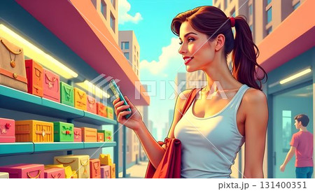 Young woman shopping in vibrant store, checking phone for updates during sunny day in urban setting 131400351