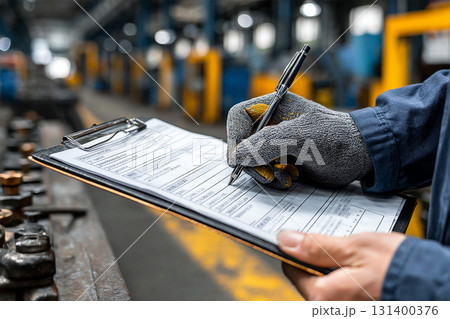 製造現場でメンテナンス記録を記入する作業員 131400376