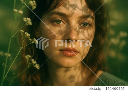 Portrait of Young Woman in Green Foliage for Nature and Beauty Design 131400395