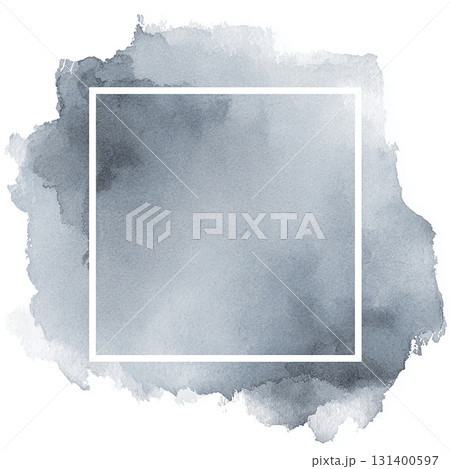 グレーブルーの水彩背景フレーム　落ち着いた印象の抽象デザイン素材 131400597