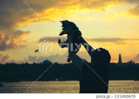 A touching lifestyle moment - silhouette of a woman lifting her small Yorkshire terrier puppy against a stunning sunset 131400670