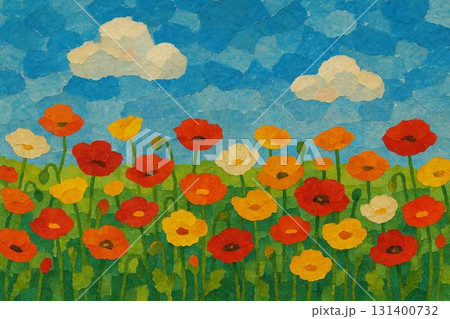 ケシ・ポピーの花　青空　貼り絵 131400732