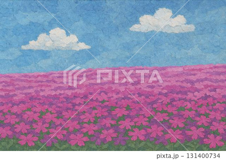 シバザクラの丘　青空　貼り絵 131400734