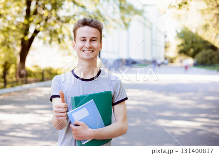 A portrait of an European male college student on campus 131400817