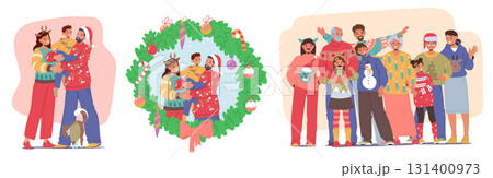 Happy family cartoon characters wearing warm festive Christmas sweaters portraits isolated set Happy family cartoon characters wearing warm festive Christmas sweaters portraits isolated set 131400973