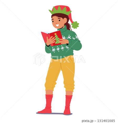 Cute little school girl child cartoon character wearing Christmas festive clothes reading book Cute little school girl child cartoon character wearing Christmas festive clothes reading book 131401085