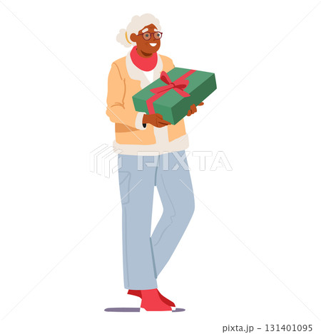 Elderly woman isolated cartoon character with wrapped gift box enjoying shopping for Christmas Elderly woman isolated cartoon character with wrapped gift box enjoying shopping for Christmas 131401095