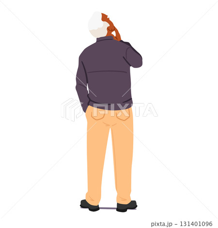 Back view on senior man cartoon character in thinking pose standing isolated on white background Back view on senior man cartoon character in thinking pose standing isolated on white background 131401096