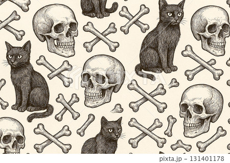 Seamless Pattern with Skulls, Bones and Black Cats Seamless Pattern with Skulls, Bones and Black Cats 131401178
