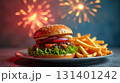 Hamburger and fries with fireworks 131401242