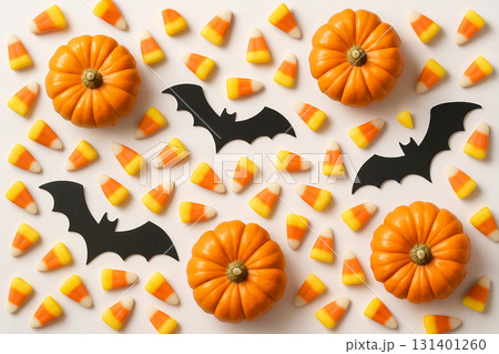 Pumpkins with Candy Corn and Bats for Halloween 131401260