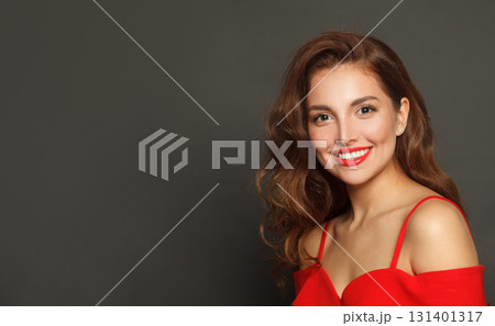 Beauty portrait of brunette woman with trendy make-up and brown curly hair wavy hairstyle  131401317