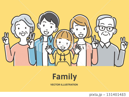 笑顔でピースサインをする二世帯家族 笑顔でピースサインをする二世帯家族 131401483