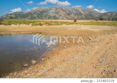 Climate change issue, lake drying in Omalos village in Crete White mountains. 131401519
