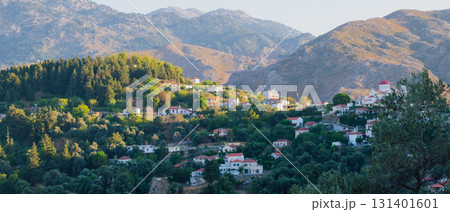 Mountain village Lakkoi in western Crete surrounded by pine forest on sunny day. 131401601