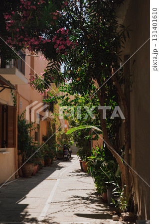 Narrow picturesque street of the old town of Rethymno filled with many green potted plants Narrow picturesque street of the old town of Rethymno filled with many green potted plants 131401610