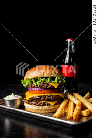 triple cheeseburger with golden fries and a bottle of drink on a black background 131401824