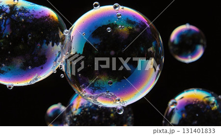 Colorful soap bubbles floating against a black background - ai generated 131401833