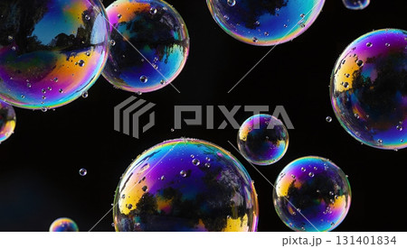 Colorful soap bubbles floating against a black background - ai generated Colorful soap bubbles floating against a black background - ai generated 131401834