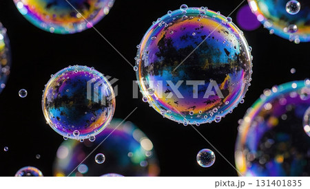 Colorful soap bubbles floating against a black background - ai generated 131401835